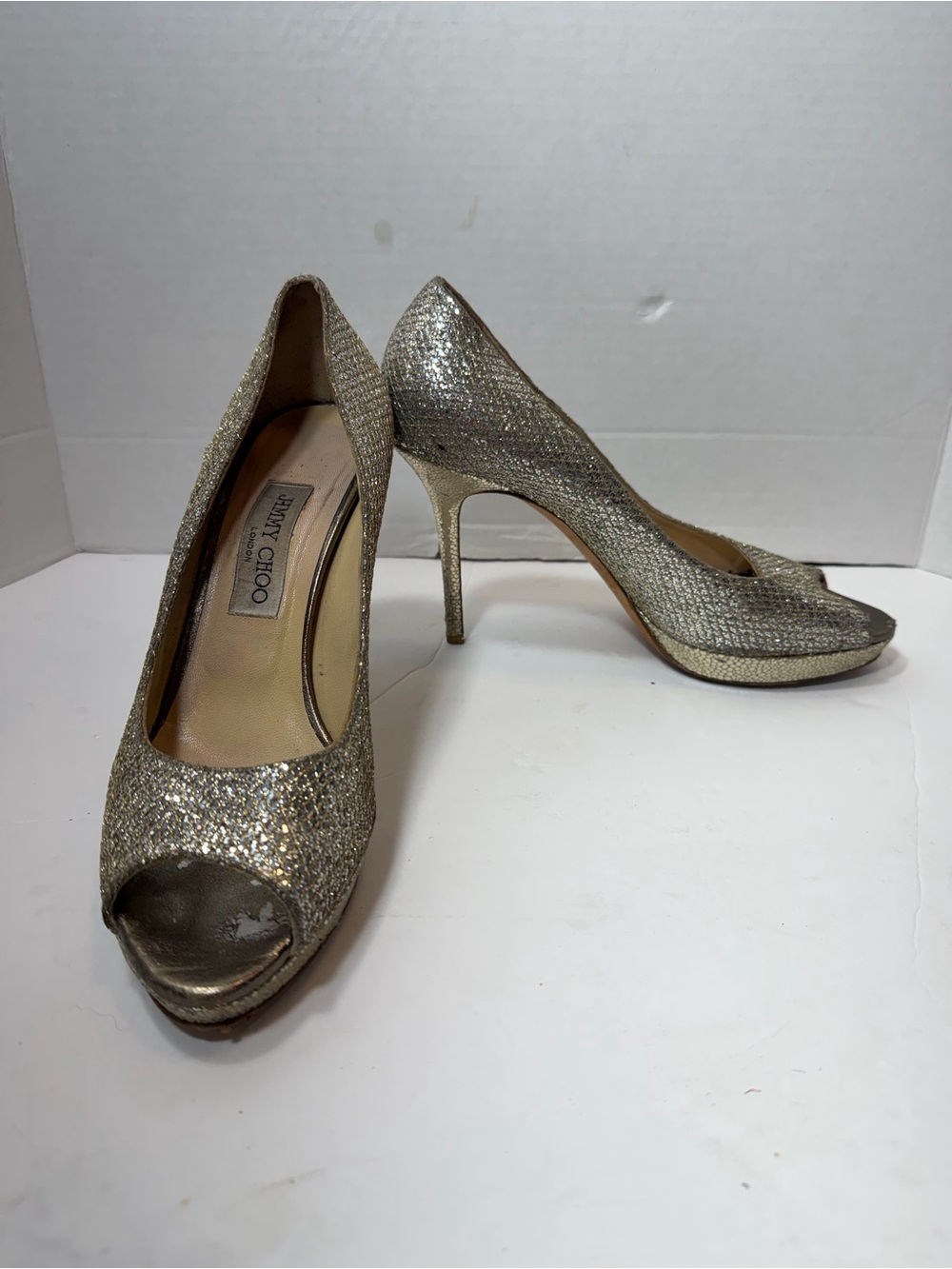 Jimmy Choo Silver Leather Glitter Platform 38.5(8US)  Shoes Prf WEDDING!